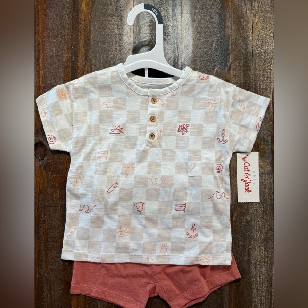 Ⓜ️ Cat & Jack Baby Set 18M Gingham Tee & Rust Shorts 2 Piece Summer Set NWT